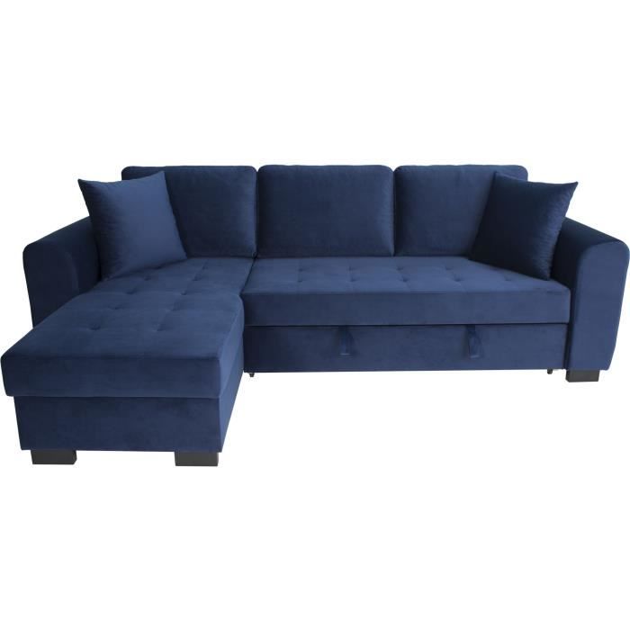 Canapé d'angle convertible HAMILTON 4 places - Tissu velours bleu - L 245 x P 140 x H 86 - Coffre de