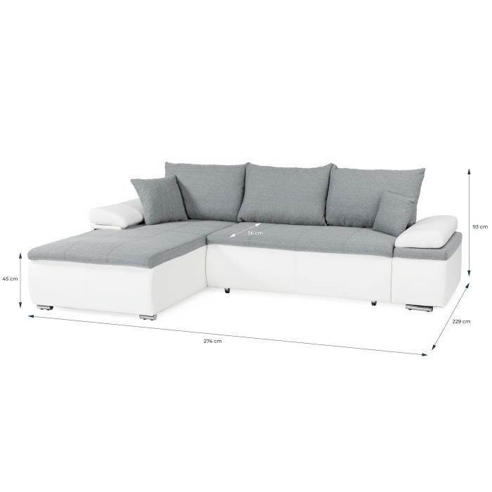 Canapé D’Angle Convertible En Tissu Celia – 3 Places, Réversible, Couchage Express, Coffre De Rangement | Gris