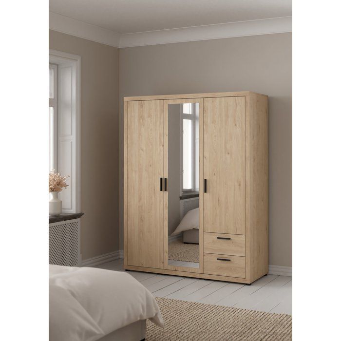Armoire chambre MIRA ch&ecirc;ne clair 3 portes avec miroir 2 tiroirs 200,9 cm