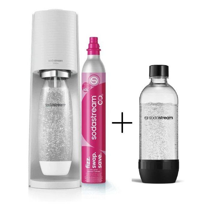 SODASTREAM Machine à soda et eau pétillante TERRA Blanche - 2 bouteilles incluses & 1 recharge de gaz 60L