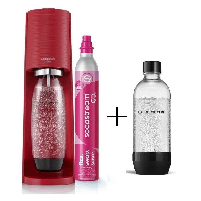 SODASTREAM Machine à soda et eau pétillante TERRA Rouge - 2 bouteilles incluses & 1 recharge de gaz 60L