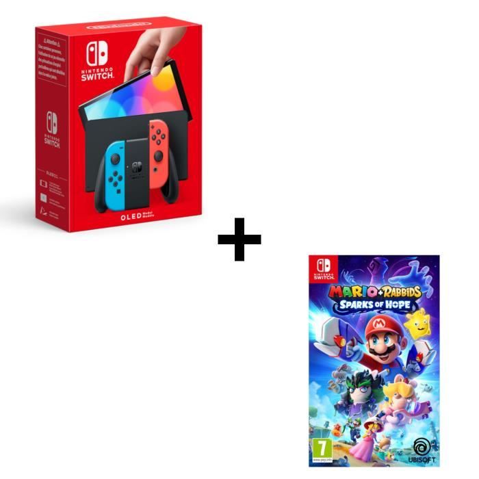 Pack : Console Nintendo Switch OLED Néon + Mario + Lapins Crétins : Sparks of Hope Jeu Switch
