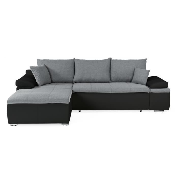 Canapé d'angle réversible convertible 3 places+Coffre - Simili noir et tissu gris - L 274 x P 184 cm