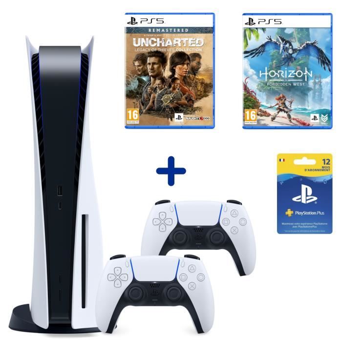 Pack PS5 + Horizon FW + Uncharted Legacy of Thieves + controller + 12 month PS + subscription