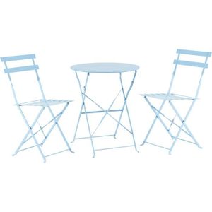 Ensemble table et chaise de jardin Ensemble de jardin bistrot 2 personnes - Table ronde 60 cm avec 2 chaises - Acier thermolaqué - Bleu