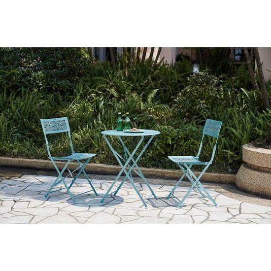 Set bistrot 2 personnes - table diamètre 60 cm avec 2 chaises - plateau et chaises avec motifs - Bleu clair