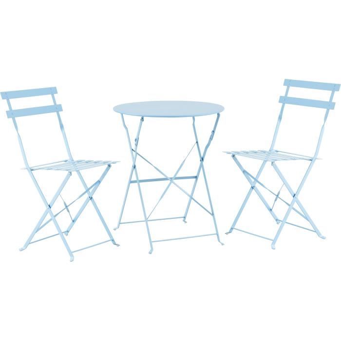 Ensemble de jardin bistrot 2 personnes - Table ronde 60 cm avec 2 chaises - Acier thermolaqué - Bleu