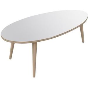 TABLE BASSE NARVIK Table basse ovale style scandinave blanc brillant avec pieds en bois - L 110 x l 55 cm