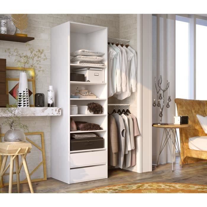 Dressing 1 colonne COMBI - Blanc - 2 penderies et 2 tiroirs - L 117 x P 48 x H 200
