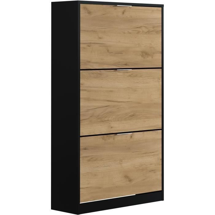 Meuble à chaussure 3 portes - Décor chêne et noir - 75x25x128 cm - Leona