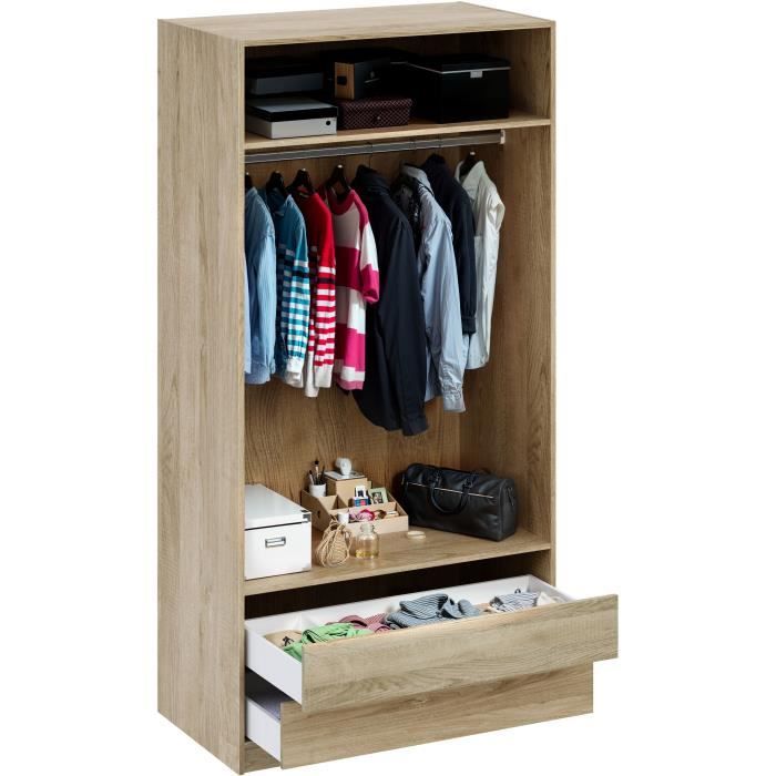 Dressing - Décor Chêne - 2 tiroirs - 2 étagères - 1 tringle - L100 x P57 x H200 cm