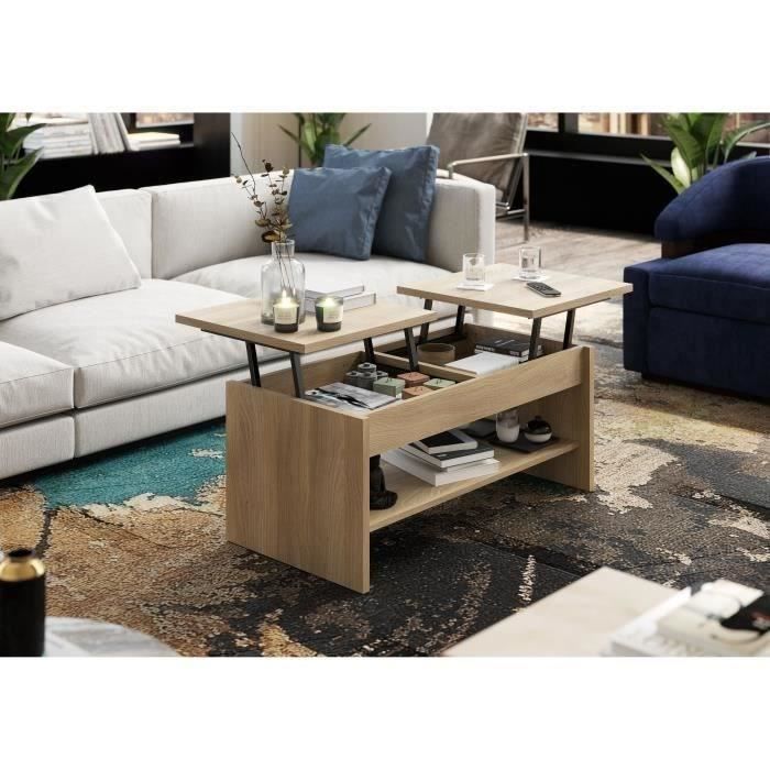 Table Basse ELSA - 2 plateaux relevables - Décor chêne - L 100 x P 50 x H 44 cm