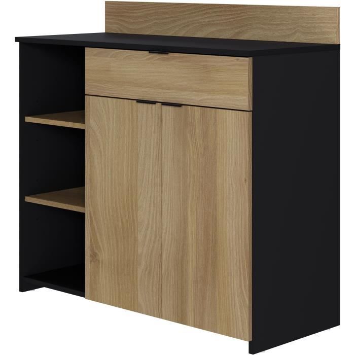 Buffet Cuisine - 2 portes + 1 tiroir - Mélaminé chêne et noir - L 100 x P 42 x H 95 cm