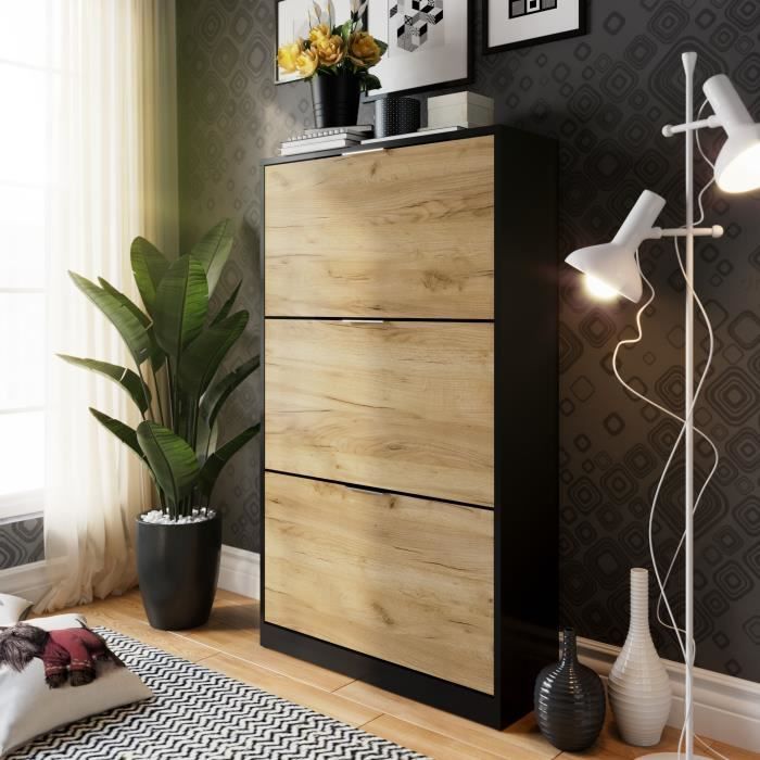 Meuble à chaussure 3 portes Décor chêne et noir 75x25x128 cm