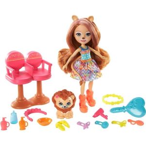POUPON Enchantimals - Coffret Salon de Coiffure de Lacey Lion - Mini-poupée - Dès 4 ans - Rose - 13 accessoires