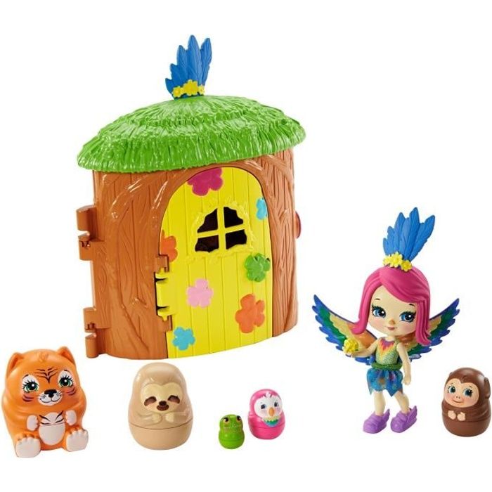 jouet enfant Mini-poupée Peeki Perroquet Enchantimals Coffret Maison Café Jungle Enchantée Figurine Animale Sheeny balançoire et accessoires GFN59 