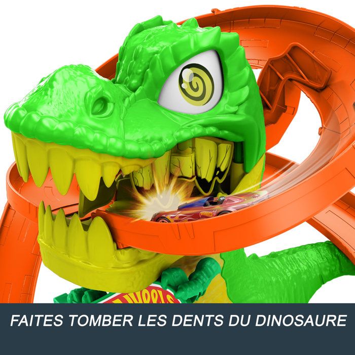 Hot Wheels T-Rex Bataille de Feu Coffret piste de course de 46 cm de haut avec camion de pompier en métal à l'échelle 1/64, plusieurs possibilités de course, dinosaure avec yeux tournoyants