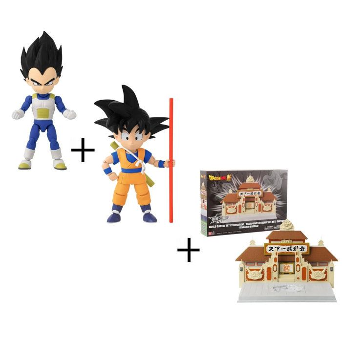Lot Dragon Ball 2 figurines + Diorama pour figurine - BANDAI : Mini Vegeta Mini Goku + 1 arène Tenkaichi Budokai