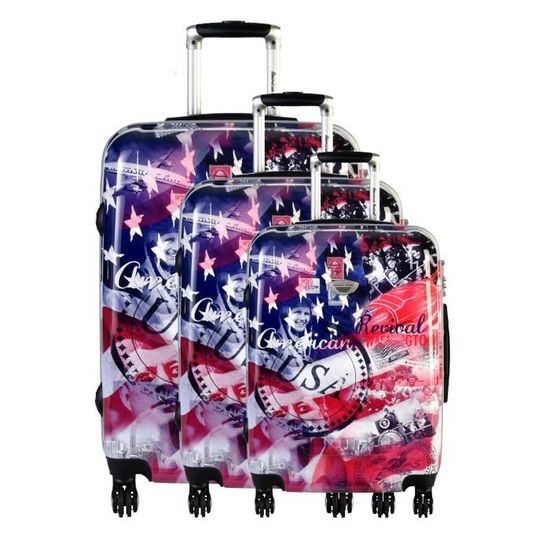 AMERICAN REVIVAL Set de 3 Valises Rigide ABS Polycarbonate 4 Roues 50 60 70cm KENNEDY Drapeau