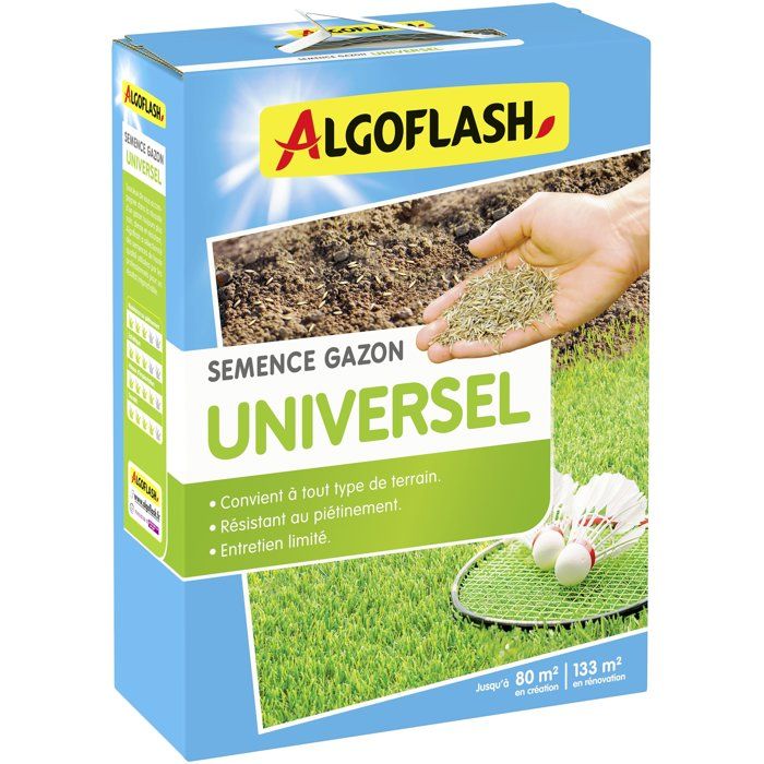 Algoflash Semences gazon Universel - Résistant au piétinement - 2 kg - Jusquà 80m² création / Jusquà 133m² rénovation - vue 1
