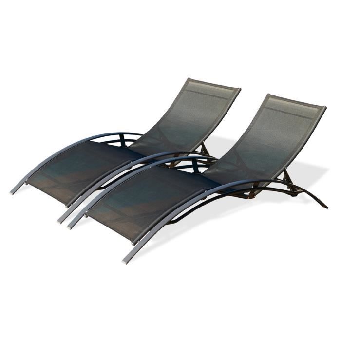 Lot de 2 Chaises longues aluminium textilène noir  Cdiscount Jardin