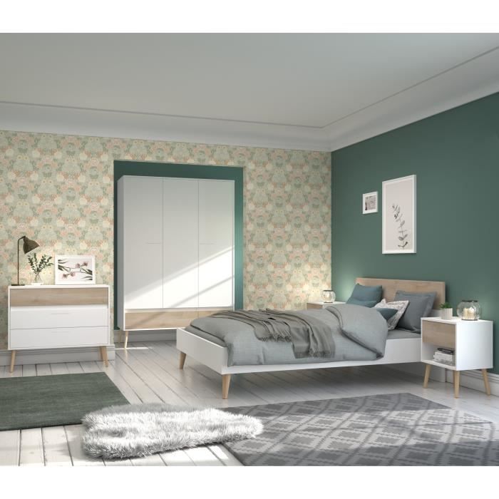 Chambre complète - AALBORG - Scandinave - Blanc / Chêne - Lit 140 x 190 cm 2 chevets commode armoire - PARISOT