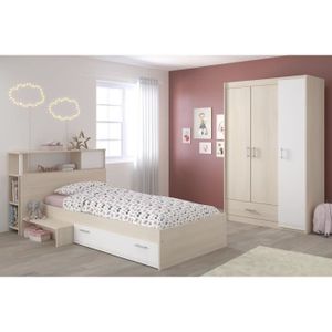 CHAMBRE COMPLÈTE  PARISOT Chambre enfant complète - Tête de lit + lit + armoire - Style contemporain - Décor acacia clair et blanc - CHARLEMAGNE