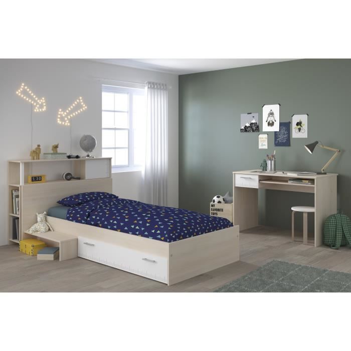 parisot chambre enfant complète tête de lit + lit + bureau - style contemporain - décor acacia clair et blanc - charlemagne