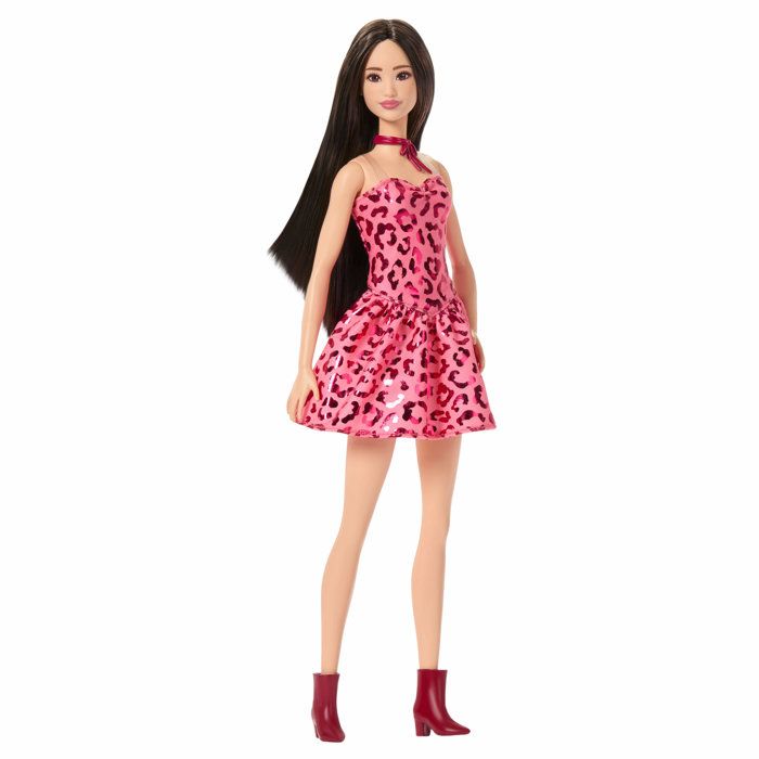 Poupée Barbie Fashionistas JJN59 – Robe Léopard Rose avec Cheveux Bruns et Accessoires