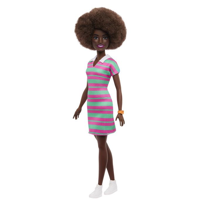Poupée Barbie Fashionistas JJN60 – Robe à Col Rayé avec Cheveux Bouclés et Accessoires