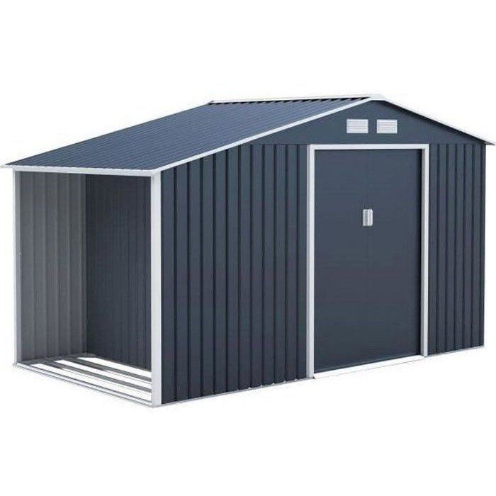 Abri de jardin en métal et abri bûches 653 m² - 342 x 191 x 202 cm - SOLIS - Kit dancrage inclus 2 portes coulissantes - Gris