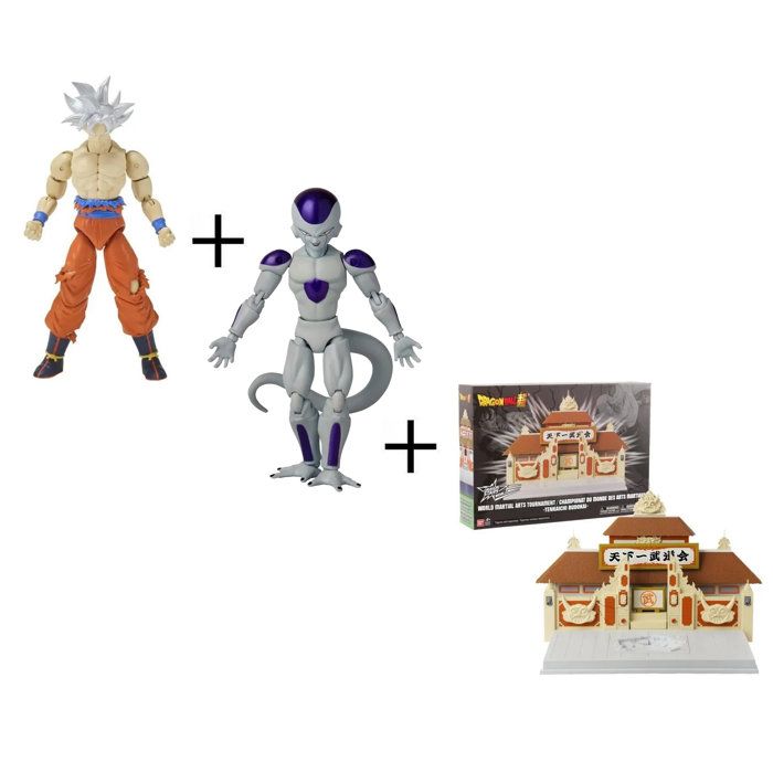 Lot Dragon Ball 2 figurines + Diorama pour figurine - BANDAI : Super Freezer Goku + Broly Part. 1 et arène Tenkaichi Budokai