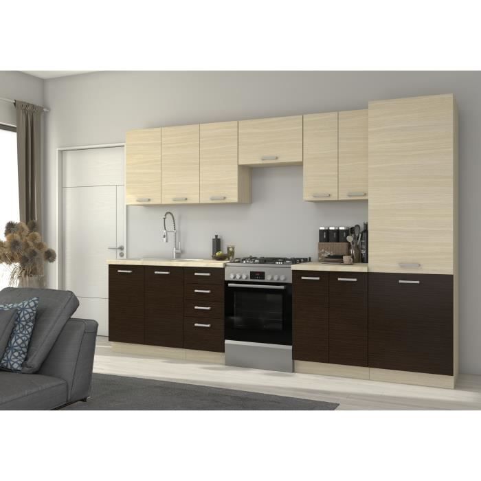 CHAMONIX Cuisine complète 300cm 8 éléments - Décor chêne clair - L300 x P52 x H82 cm - Plan de trava