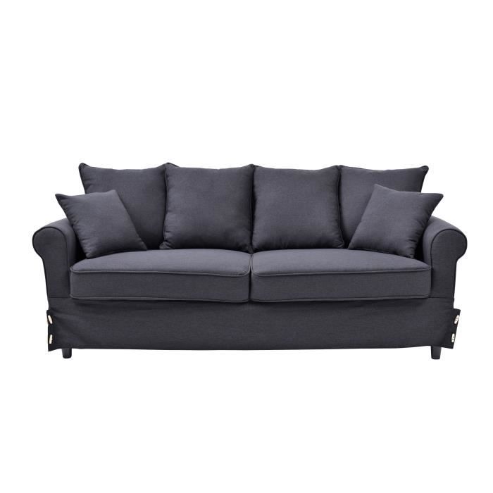 Auguste Canapé Droit Fixe 3 Places Tissu Lin Gris Anthracite L 200 X P 80 Cm
