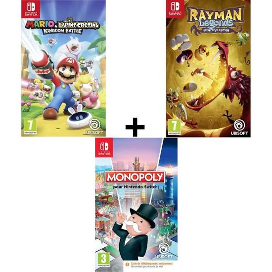 Pack de 3 Jeux Switch : Mario Lapins Crétins + Rayman Legends Def. Ed. + Monopoly (Codes de téléchargement dans la boîte)