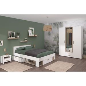 CHAMBRE COMPLÈTE  Chambre complète adulte - DREAM - Lit 140x190/200 cm + 2 chevets + armoire - Décor blanc et chêne - PARISOT