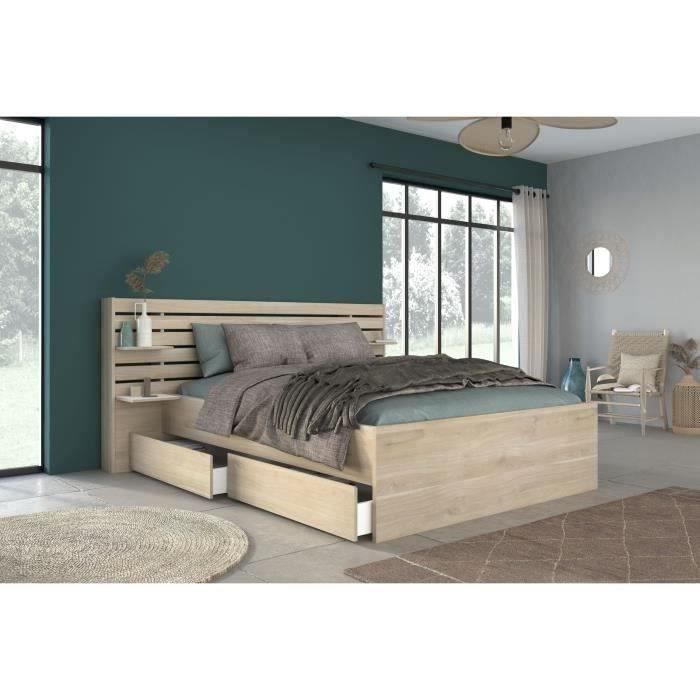 Lit adulte ESCALE 160x200 cm - Décor chêne du Japon - 2 tiroirs + Tête de lit - L222,8 x H98,2 x P21