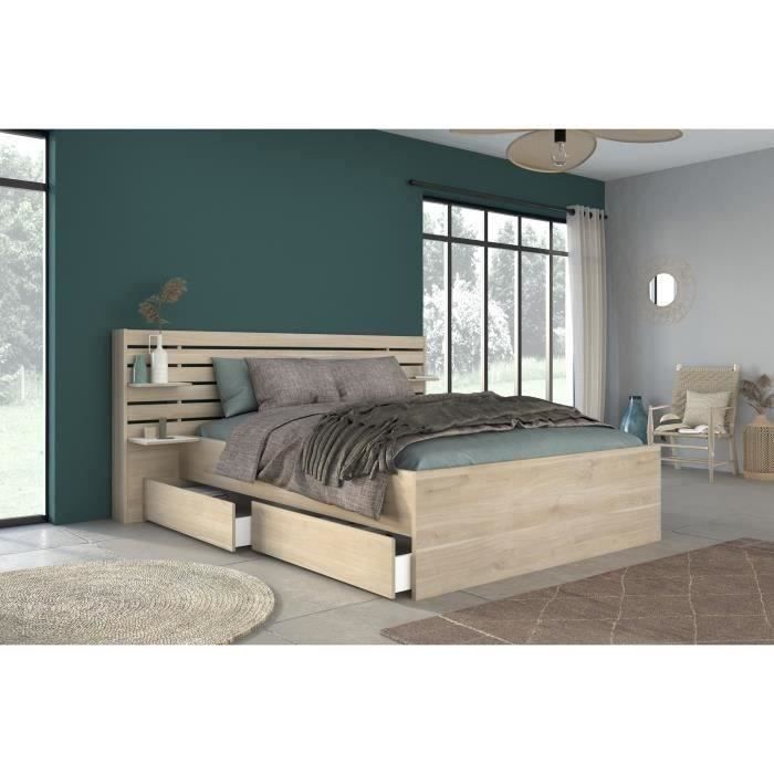 Lit adulte ESCALE 140x190/200 cm - Tête de lit + 2 tiroirs - Décor chêne du Japon - PARISOT