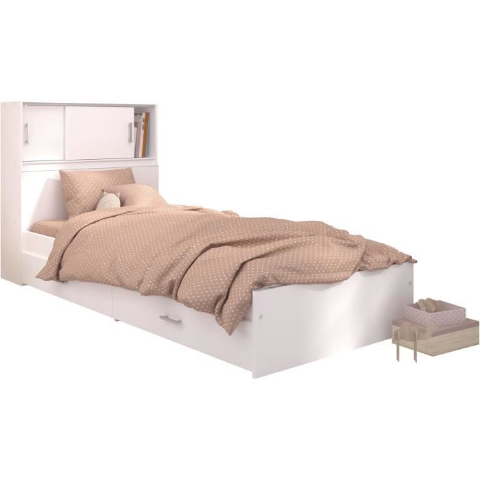 Lit junior SCOOP 90x200 cm - 2 tiroirs - Adaptable en 190 cm - Décor blanc - L 98 x H 67 x P 203 cm 