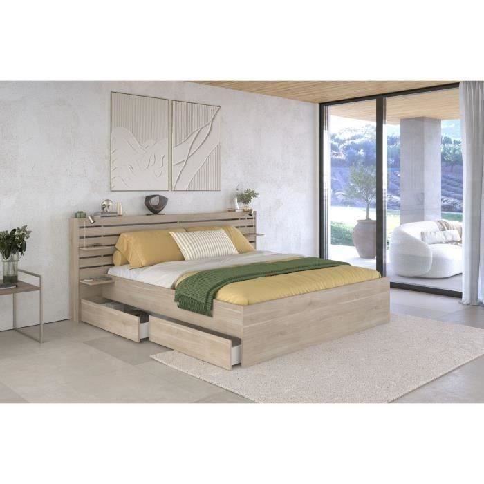 Lit adulte ESCALE 180x200 cm - Décor chêne du Japon - 2 tiroirs + Tête de lit - L235.4 x H98,2 x P21