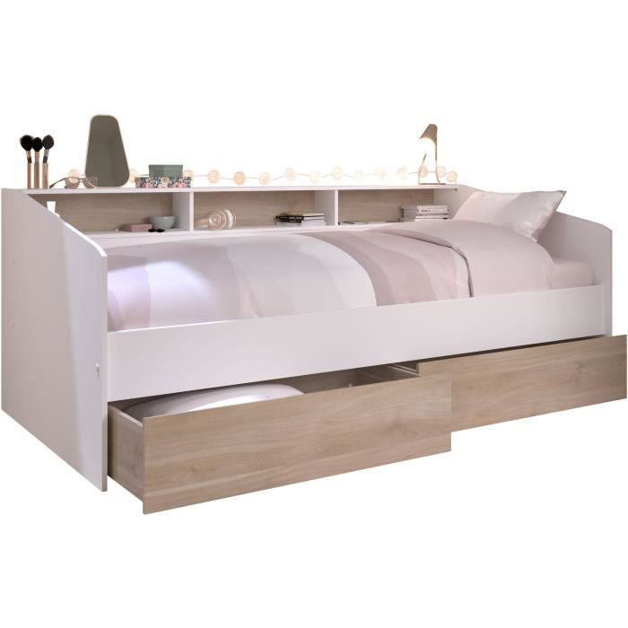 Lit banquette 2 tiroirs 90 x 200/190 cm - MDF - Mat décor chêne et blanc - JOY - 2339ENSE