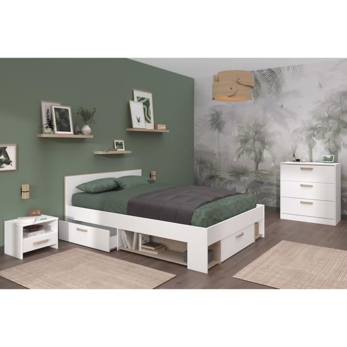 Chambre complète adulte DREAM : Lit 140x190/200 cm + 2 chevets + commode - Décor blanc et chêne - PA