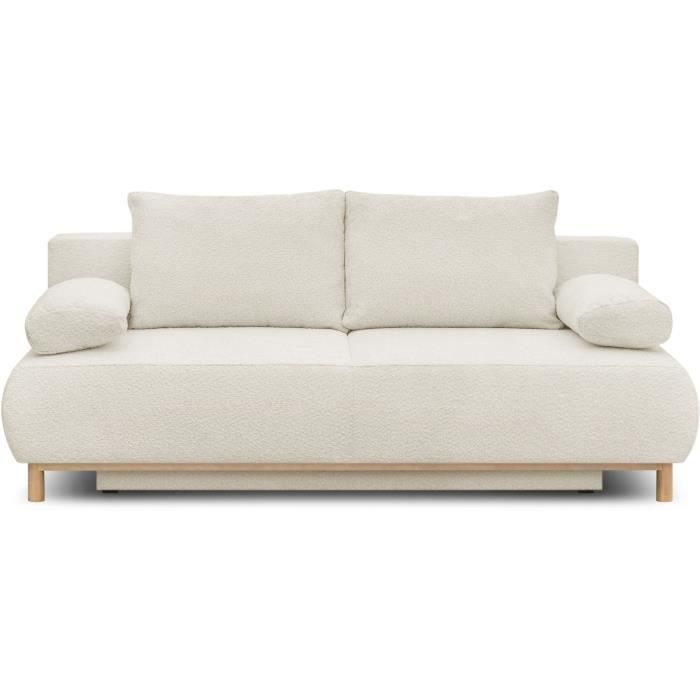 Canapé convertible - 3 places - MIKA - Tissu bouclette beige - Coffre de rangement - L 192 x H 84 x P 93 cm