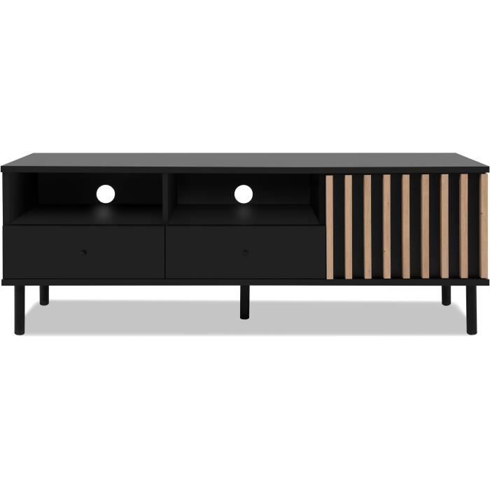 Meuble TV - MONZA - Noir / Chêne artisan - 2 tiroirs 2 niches ouvertes 1 porte - 138 x 49 x 40 cm