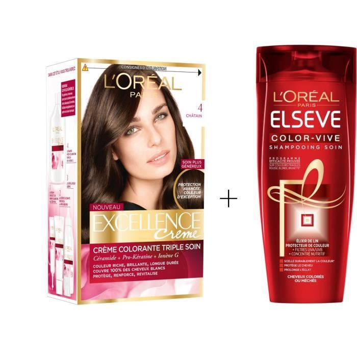 L Oreal Paris Lot De Coloration Excellence 4 0n Chatain Shampooing Elseve Color Vive 250 Ml Cdiscount Au Quotidien