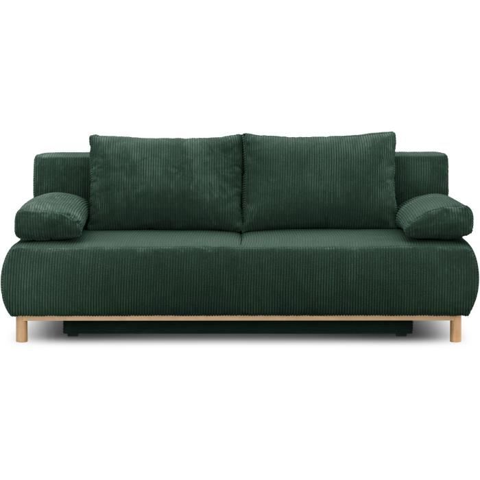 Canapé convertible - 3 places - MIKA - Velours côtelé vert forêt - Coffre de rangement - L 192 x H 84 x P 93 cm