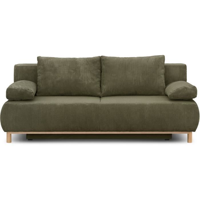 Banquette convertible 3 places MIKA - Velours côtelé vert kaki - Coffre de rangement - L 192 x H 84 