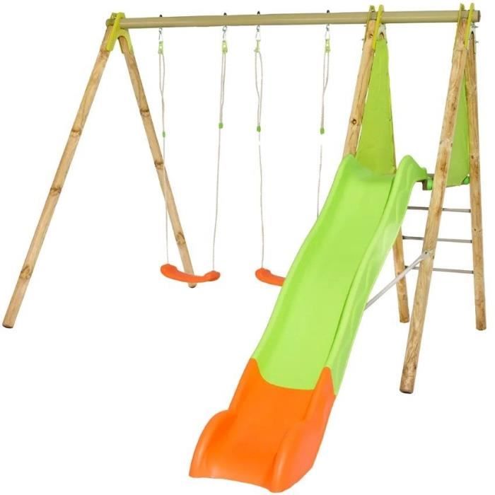 Portique bois et métal - 2,30m - 2 balançoires et 1 toboggan 2,63m - ARROBA TRIGANO