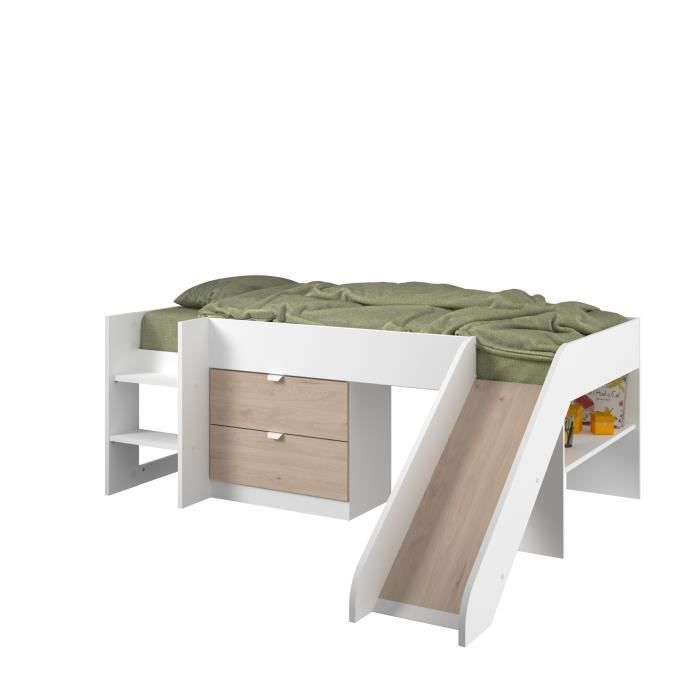 PARISOT SLIDE - Lit toboggan enfant - Décor Blanc et Chêne Jackson - Sommier inclus - 90 x 200 cm