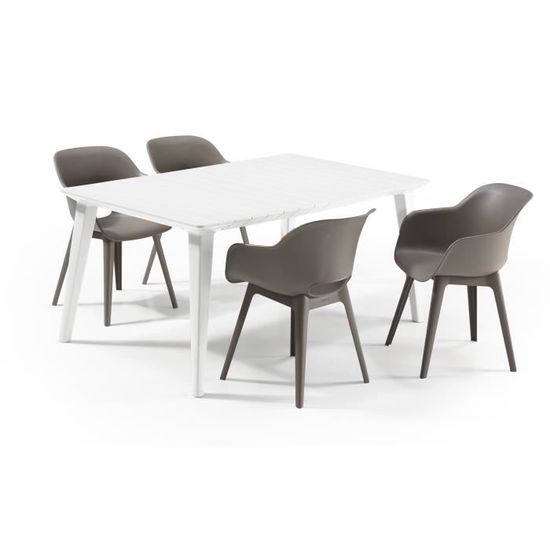 ALLIBERT JARDIN Table LIMA 160x100cm - Blanc + 2 lots de 2 fauteuils AKOLA Capuccinno - Résine